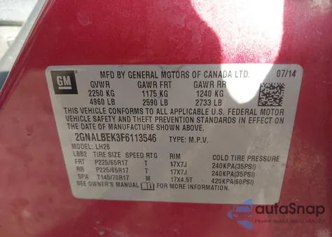 2015 Chevrolet Equinox 1Lt from USA, damaged, VIN 2GNALBEK3F6113546